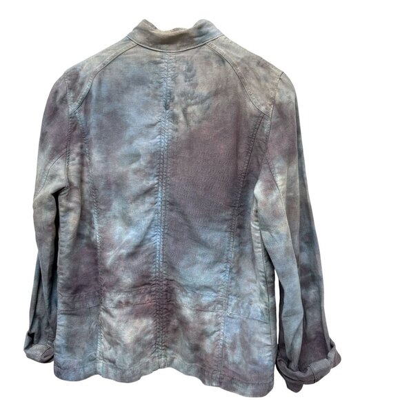 Pure Linen Utility Jacket Medium Blue Purple Tie Dye Cargo Womens Artsy Boho - Picture 3 of 12